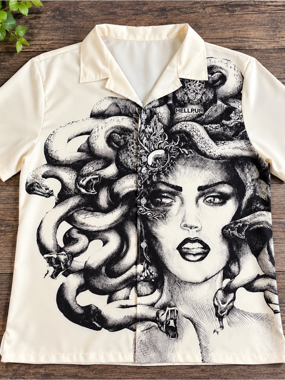 HELLPUR Medusa Snake Graphic Button Up Shirt Gothic Streetwear Size M